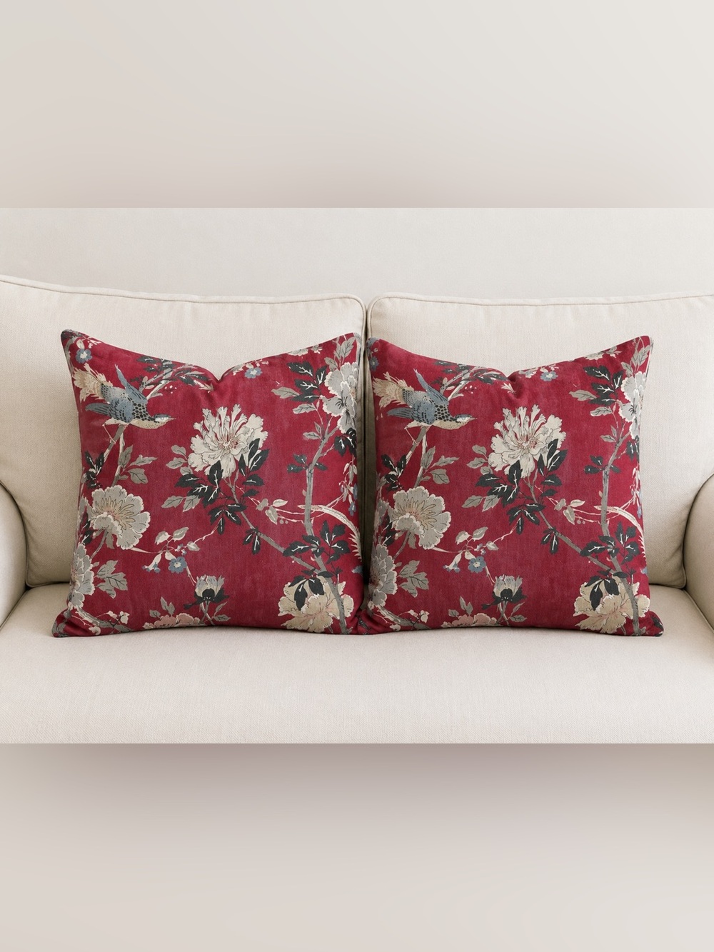 Pottery Barn Brighton Pillow Shams Burgundy Floral Bird Pillow Covers Set of 2